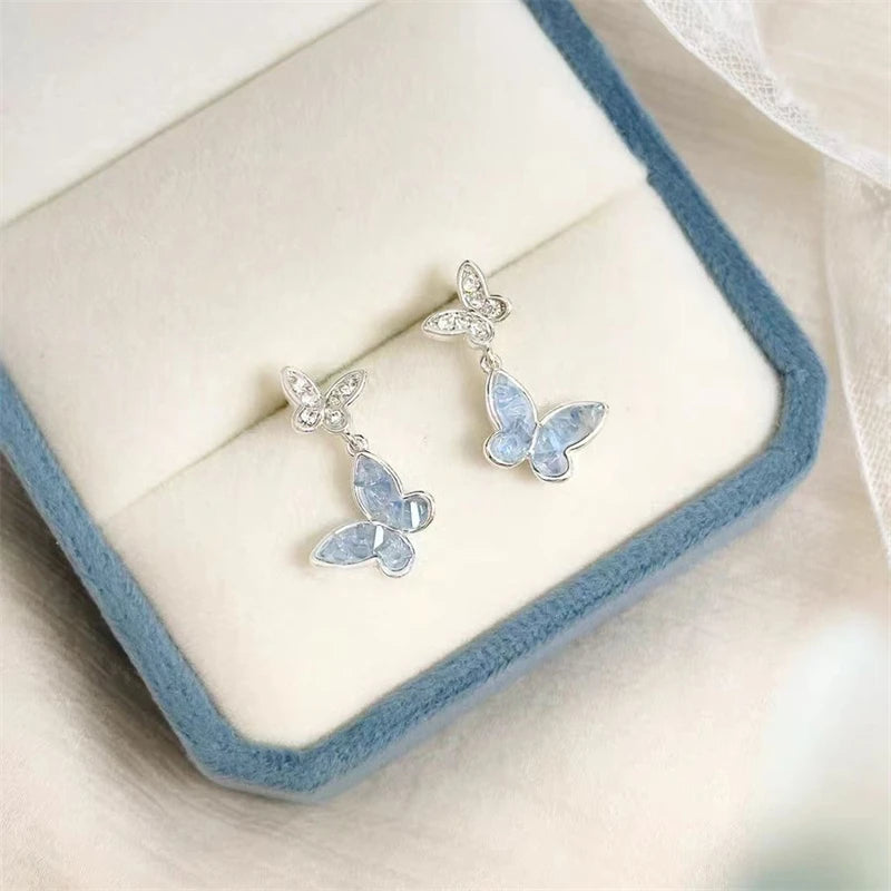 Light Luxury Shiny Zircon Butterfly Bracelet For Women'S Blue Rhinestone Double Butterfly Necklace Earring Set Girls Jewelry
