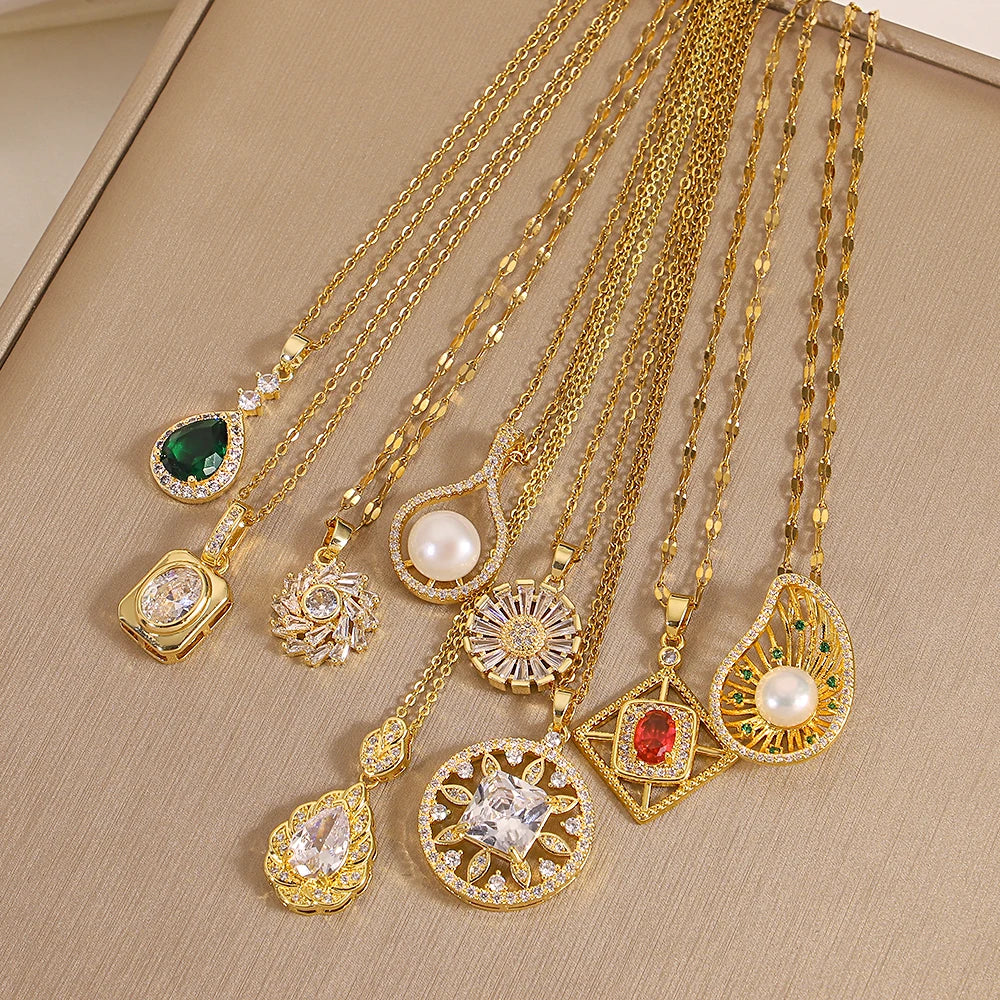 Elegant Zircon Pearl Waterdrop Flower Copper Pendant Necklace Gold Plated Stainless Steel Chain Charms Necklaces Jewelry Gifts