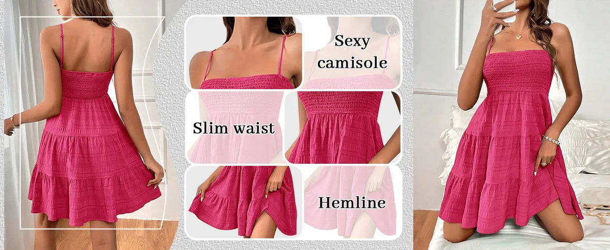 Bohemian Beach Sundress Women Sexy Sleeveless Backless Big Swing Mini Dress Solid Spaghetti Strap Ruffles Dresses Vestidos