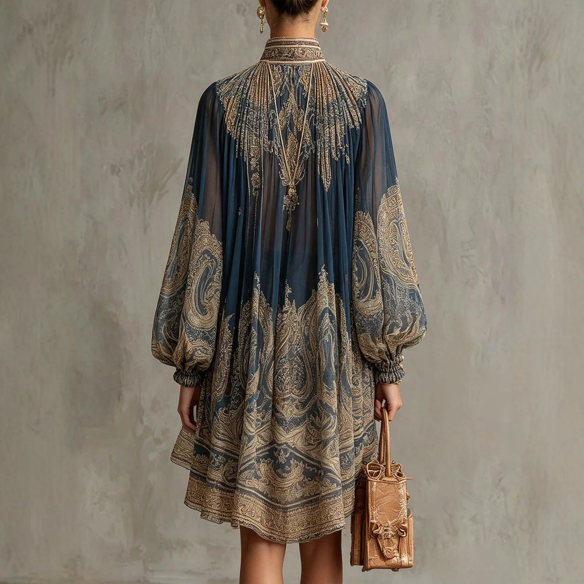 New European-style High-neck Printed Chiffon Dress with Loose, Casual Vacation-themed Shawl Sleeves.