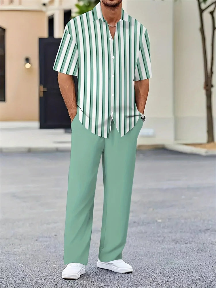 Mens Geometric Color Block Short Sleeve Two Piece Set For Autumn Casual Comfort And Fashion