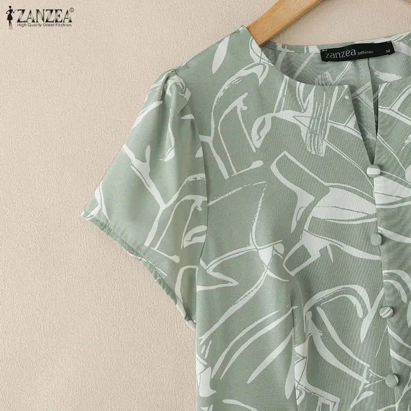 ZANZEA Women's Floral Printing Midi Dress V-Neck Short Sleeve Ruffled Hem Long Dress Summer Casual Daily Wear Robes Femme 3XL