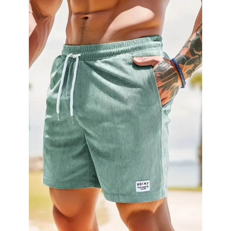 Summer Men's Solid Corduroy Shorts with Drawstring Casual Elastic Waist Fit for Outdoor Daily Activities Streetwear