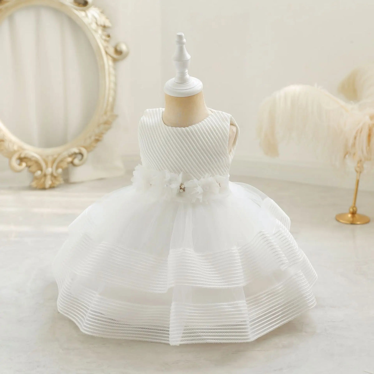 HETISO Girl Kid's Dress Flower Mesh Layered Striped Sleeveless Toddler Baby Party Gown for Girls 1-4 Years
