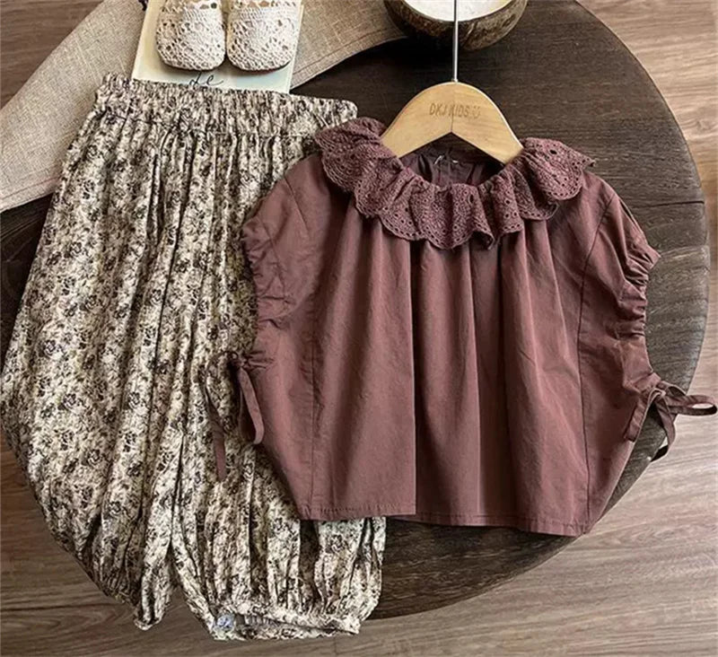 2026 Kids Casual Clothing Suit Children Floral Collar Shirt + Pants 2Pc Outfit Girls Summer Bloomers+Top Set 1-6 Years