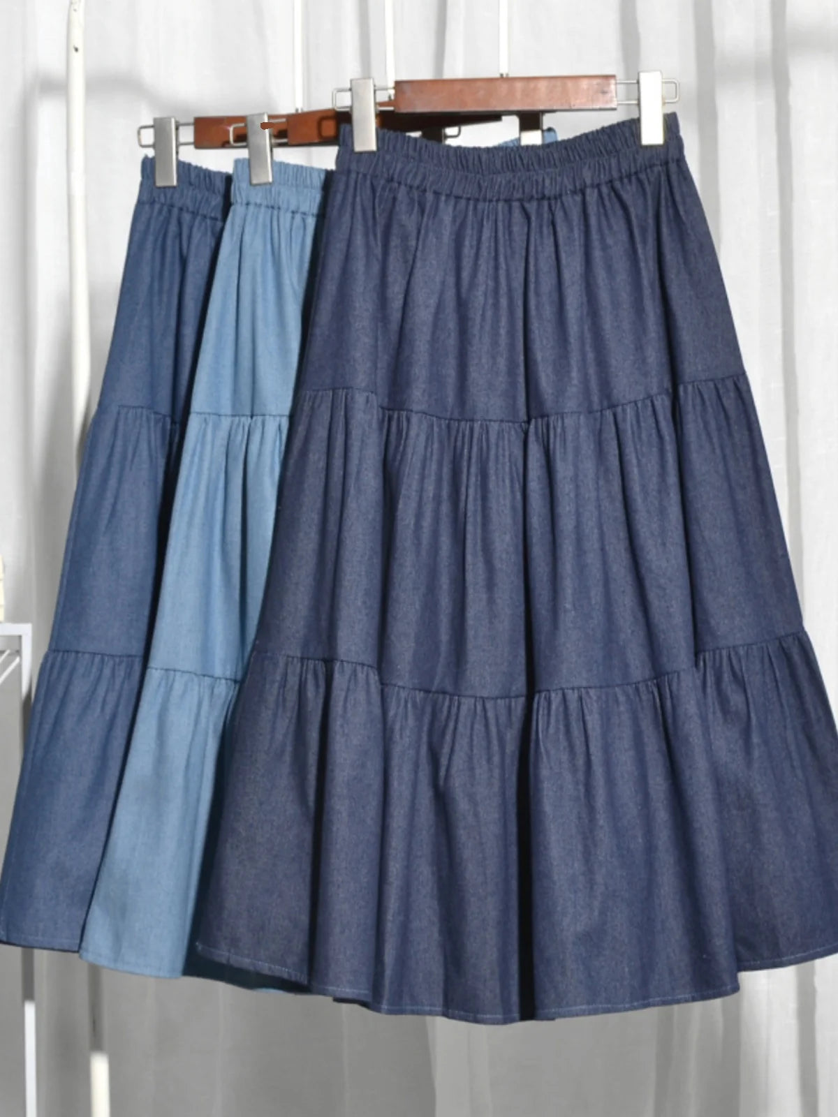 Summer Cake Splicing Denim Skirt Women's A-Line Midi Retro Elastic Waist Slimming Fat MM Light-Colored Skirts Korean Sle Hi...