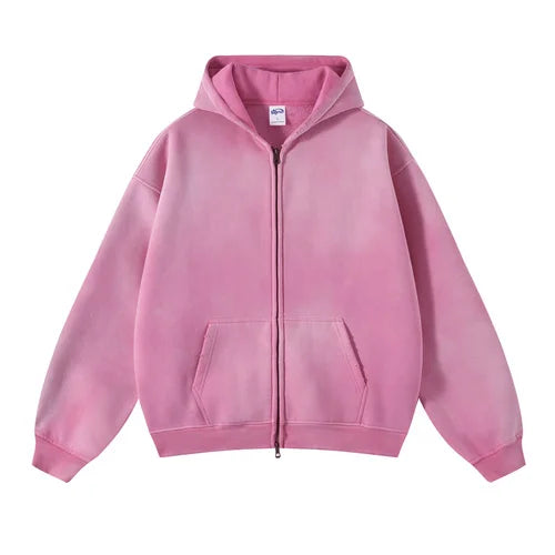 Men'S Zip Up Hoodies Tie Dye Washed Double Oversize Cardigan Sweatshirt Loose Plus Plush Gradient Man Hooded Pullovers Winter
