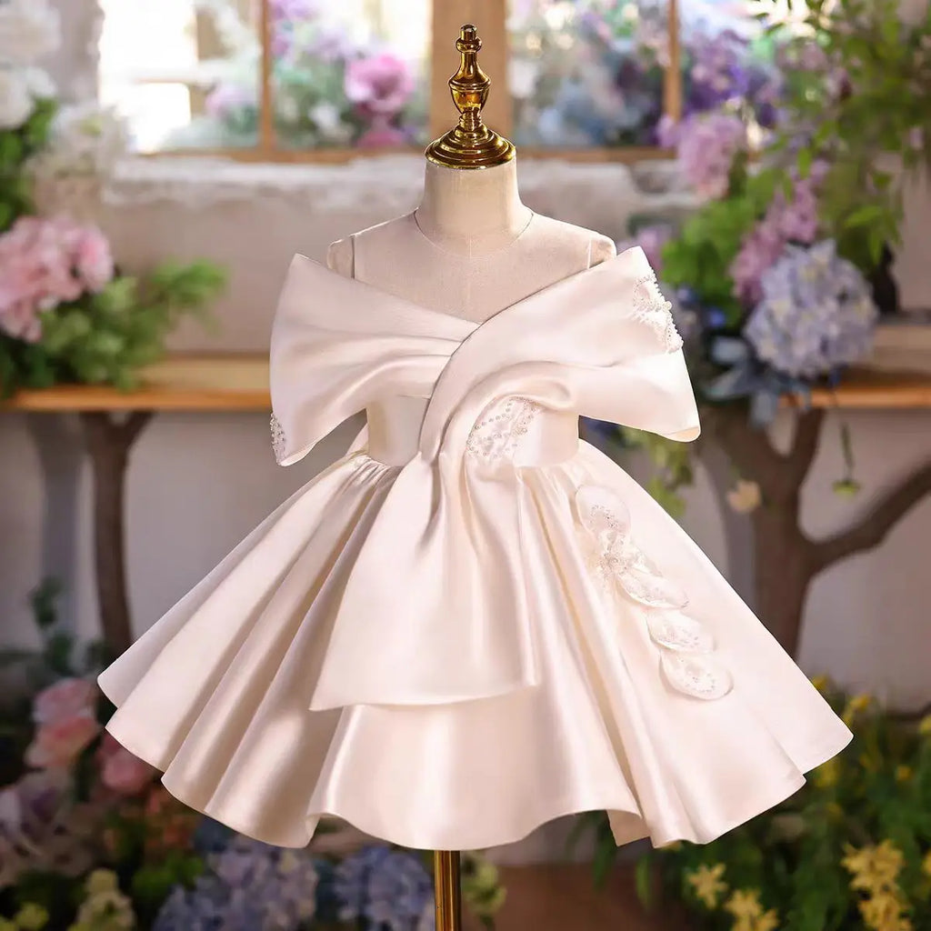 Dreamy Vow D254 Girls Satin Dress Big Bow Knot Party Gown Kids Wedding Birthday Princess Dress Children Flower Girl Outfit White