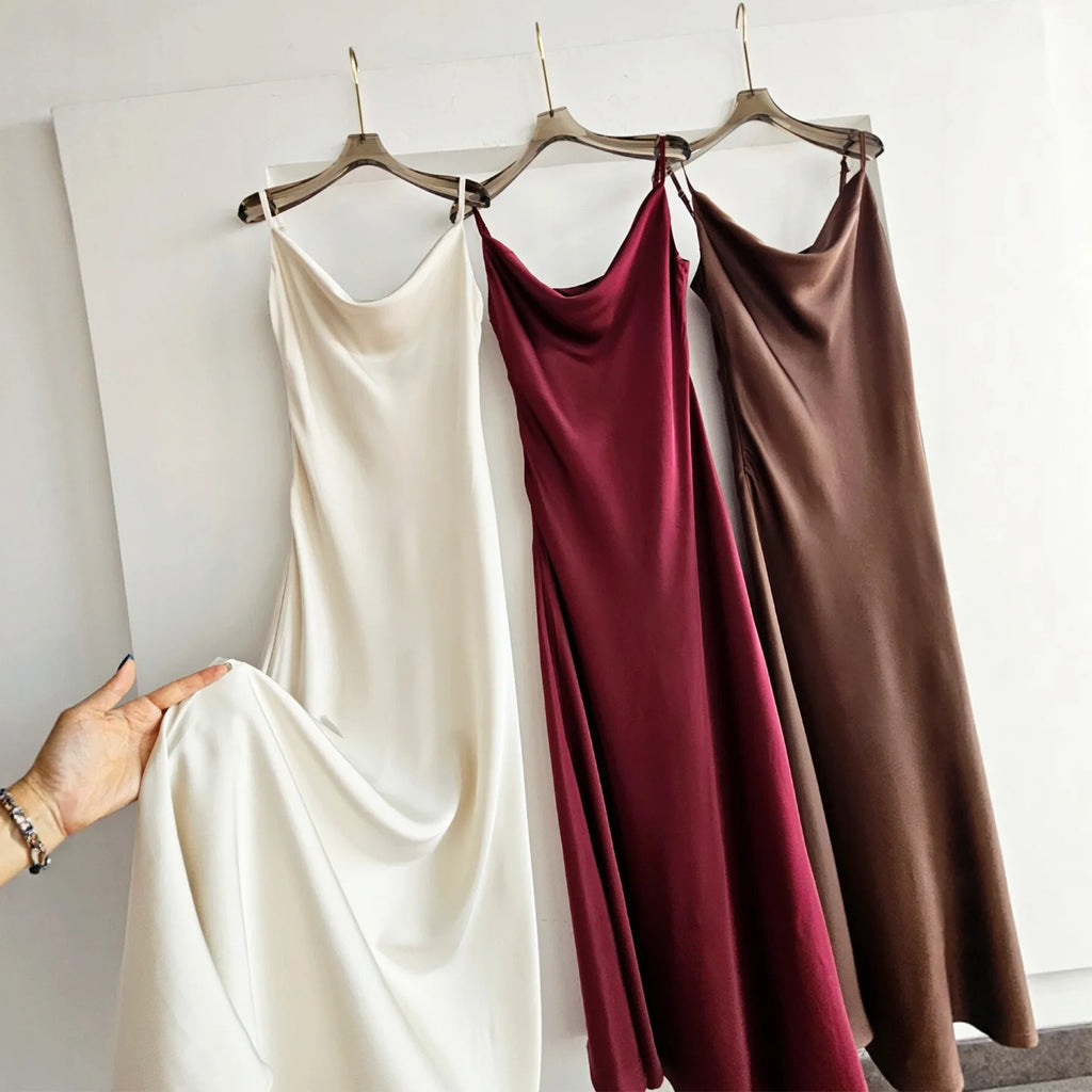 Acetate Satin Long Dress Women's Vacation Gown U-Neck Strapless Luxury Elegant Draped Skirt Three-Dimensional Effect Dyed