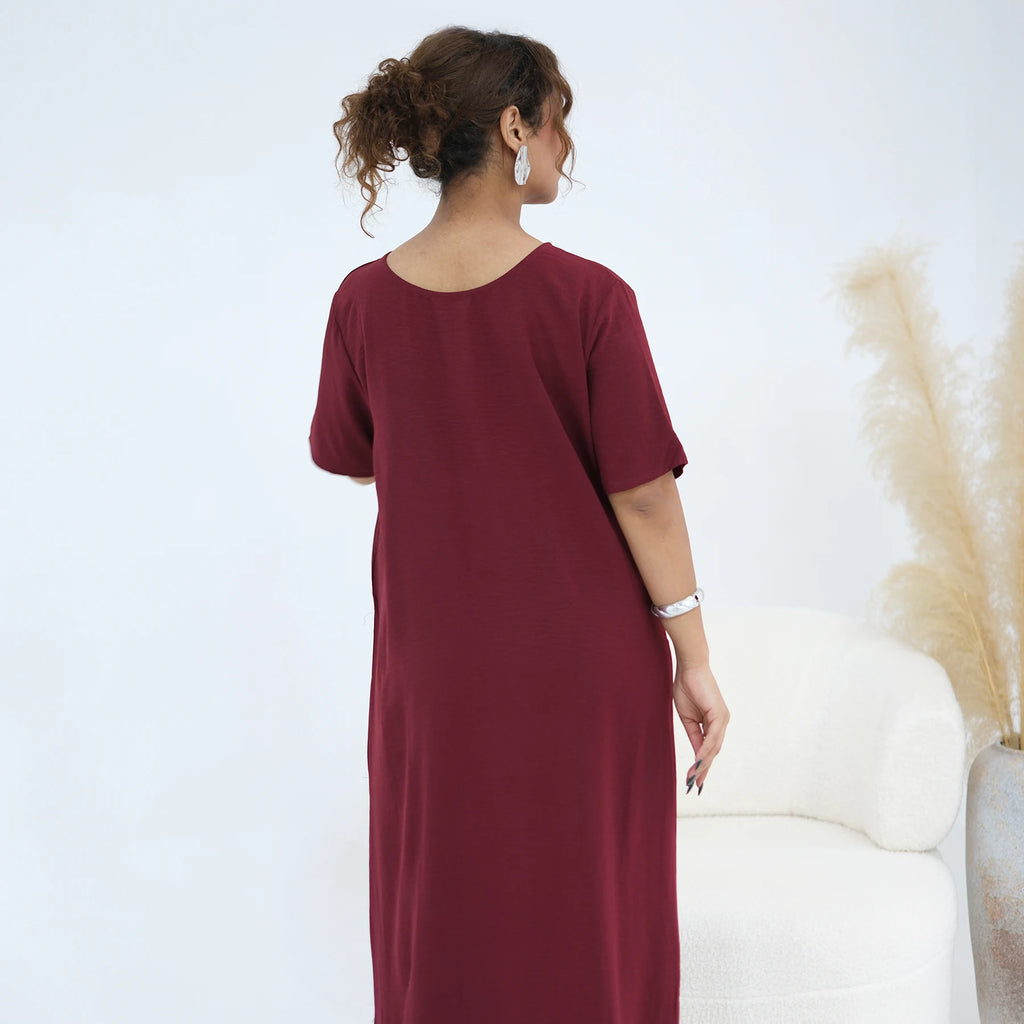 Modest Short Sleeve Women Inner Dress Basic Abaya Muslim Eid Ramadan Round Neck Maxi Loose Casual Long Versatile Fashion Kimono