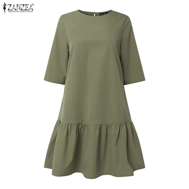 ZANZEA Women's Casual Ruffled Hem Dress O-Neck Half Sleeve A-Line Dress 2026 Summer Daily Solid Color Loose Robes Femme
