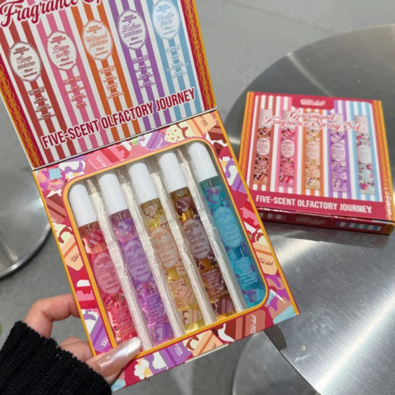 5pcs Gourmand Perfum Set Long Lasting Sweet Vanilla Cake Scent Mini Portable Fragrance Spray Set For Women