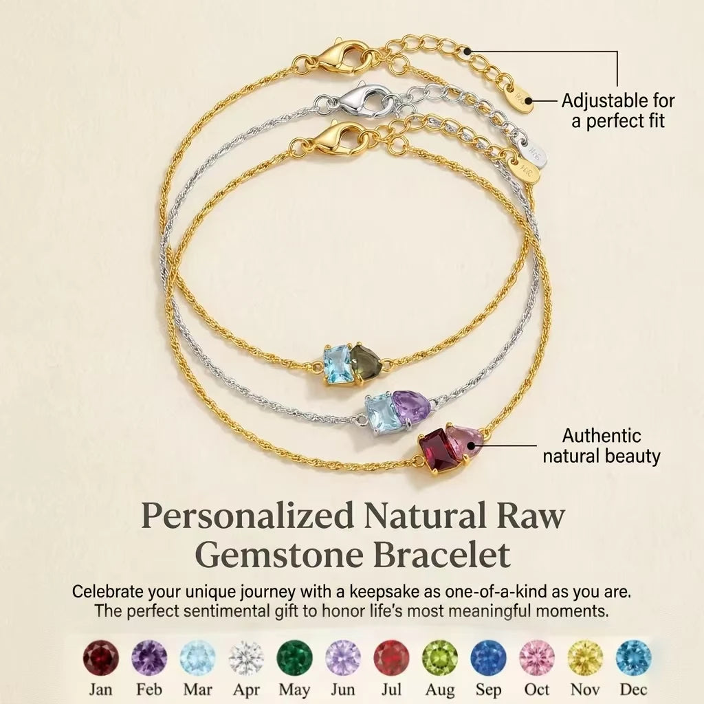 Personalized Birthstone Bracelet for Women Gold Plated Stainless Steel Dainty Two Stones Custom Gemstone Jewelry Birthday Gift