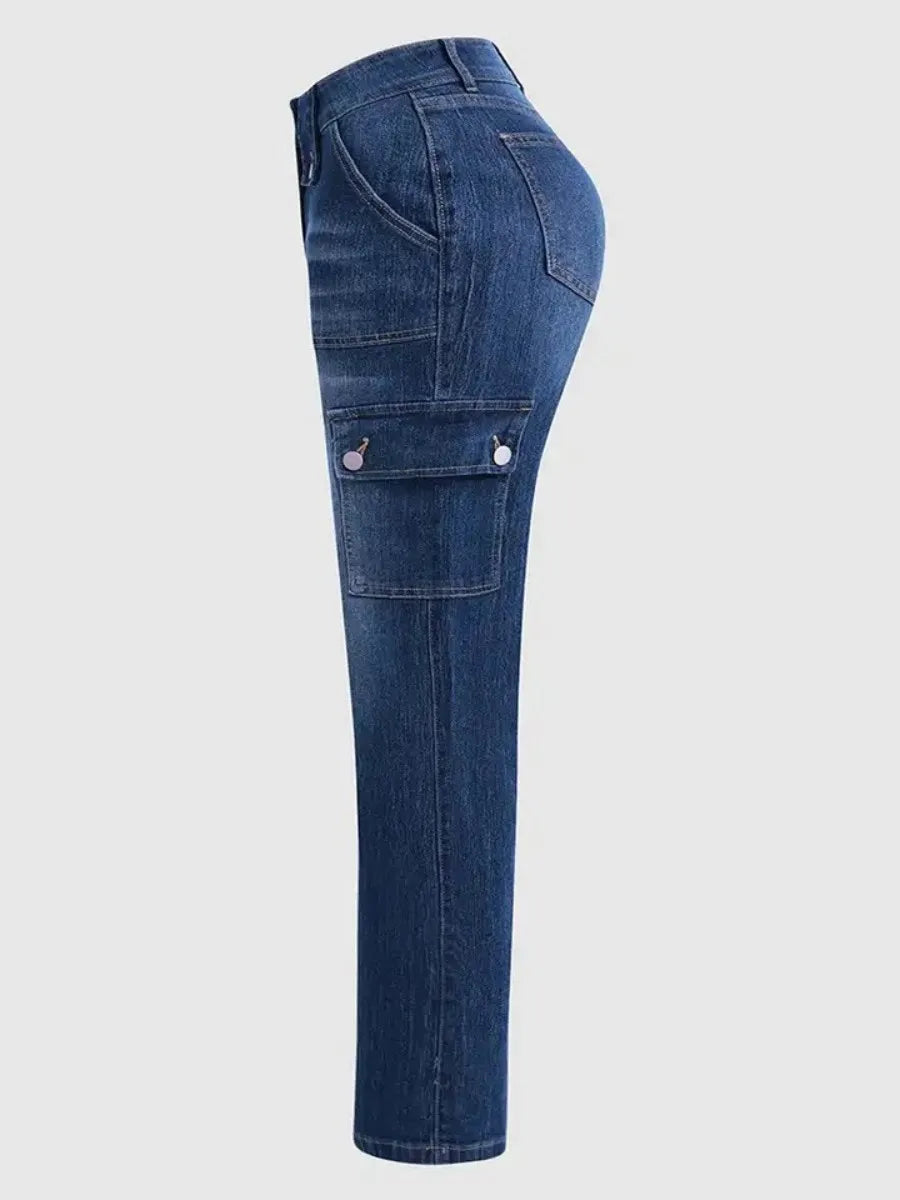 【HME】Jeans | Retro Y2K Flare Denim Pants For Women, Mid-Rise Cargo Denim Jeans With Large Front Patch Pockets, Decorative Belt Loops & Side Flap Pockets, Medium Wash Casual Pants For Street Fashion Looks