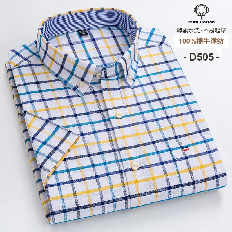7XL Classic Men's Short Sleeve Shirt 100% Oxford Cotton Casual Plaid Stripe Shirt Business Men's Shirts Short Sleeve Large Size