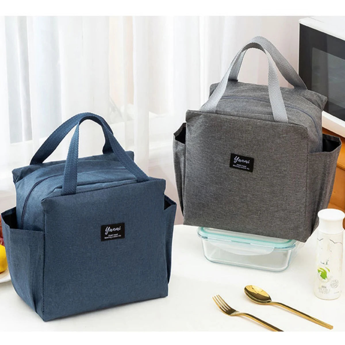 Bolsa de almuerzo portátil con doble bolsillo, lonchera térmica de lona, bolsa de almuerzo escolar, lonchera portátil, almacenamiento de alimentos para picnic