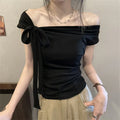 Pure Desire  Knot Short Sleeve One Shoulder T-Shirt Women Summer High Waist Short Sweet And Spicy Small Top