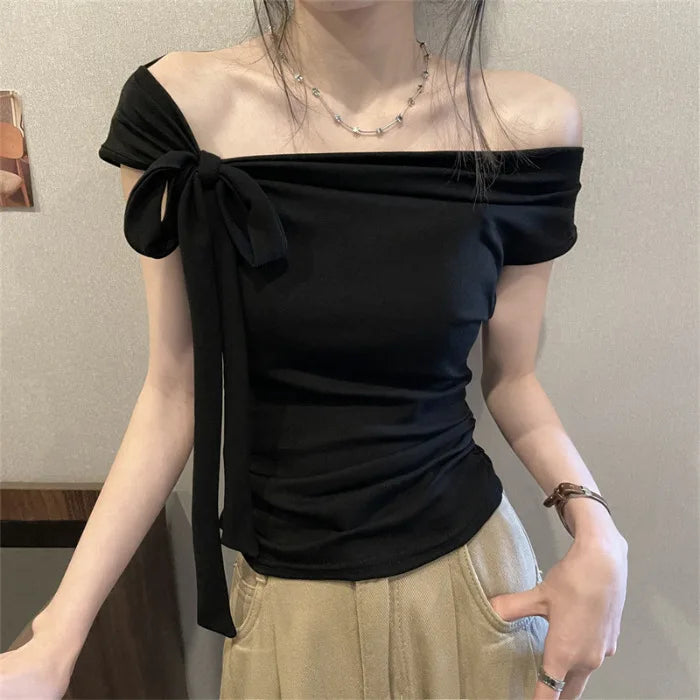 Pure Desire  Knot Short Sleeve One Shoulder T-Shirt Women Summer High Waist Short Sweet And Spicy Small Top