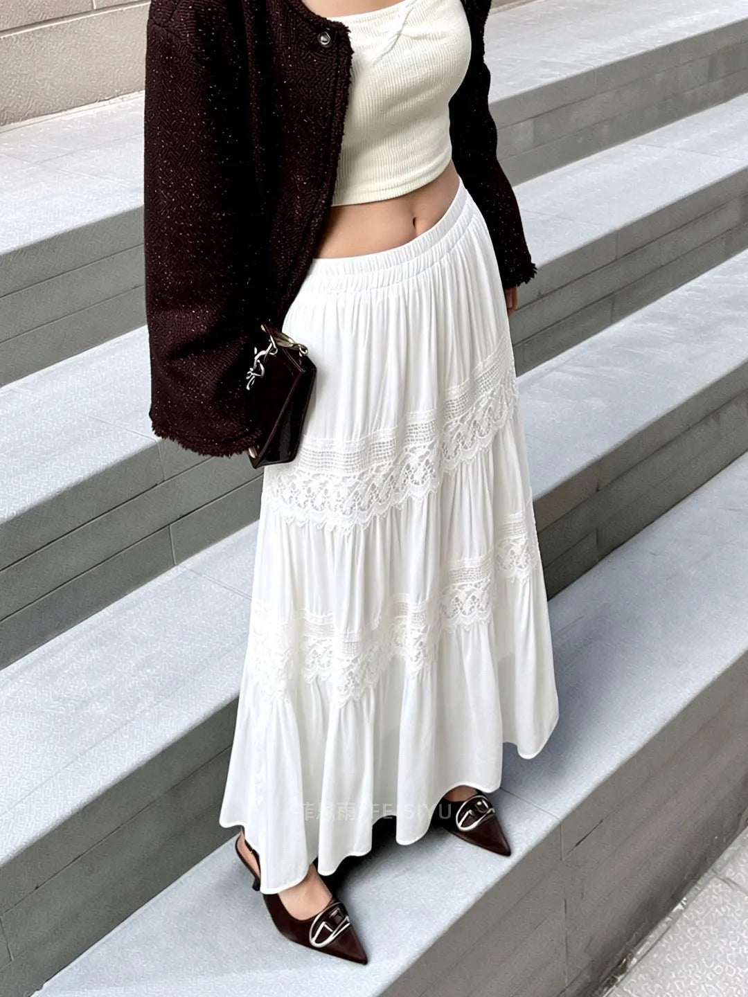 White Double Lace Tiered Maxi Skirt Women Full Elastic Waist Flowy Ruffle A-Line Long Skirt