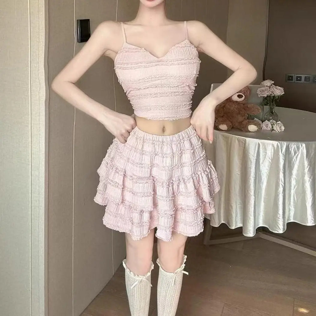 Ballet Style Puffy Short Skirt Women Summer Lace Crop Top Design Sensation Half Skirt Pure Desire Sweet And Spicy Set