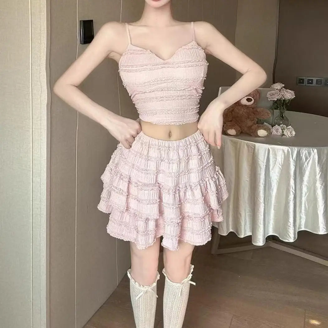 Ballet Style Puffy Short Skirt Women Summer Lace Crop Top Design Sensation Half Skirt Pure Desire Sweet And Spicy Set