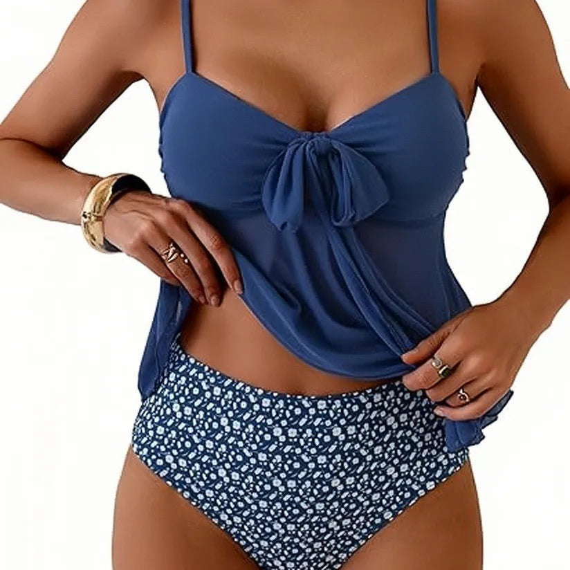 Women Solid Front Bow Chiffon Bikinis Set 2 Piece Tankini Swimsuit Strapless Bandeau Spaghetti Strap High Cut Beach Swimwear