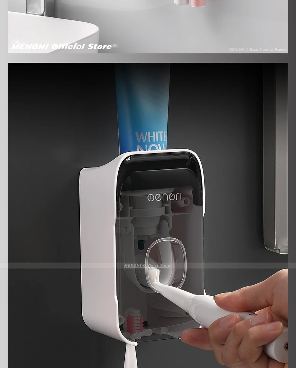MENGNI Dispensador de pasta dental montado en la pared, exprimidor de pasta dental para baño sin perforaciones, soporte para cepillos de dientes, funcionamiento manual