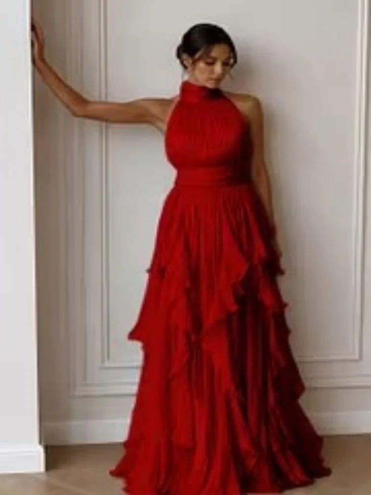 Women Mock Neck Sleeveless Tiered Ruffle Maxi Dress Draped Flowy Long Gown Formal Wedding Guest Evening Party Dresses