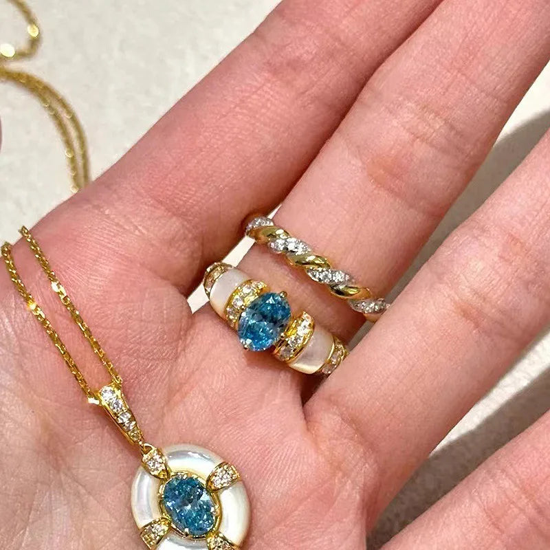 Aquamarine & White Fritillaria Ring & Necklace Jewelry Set