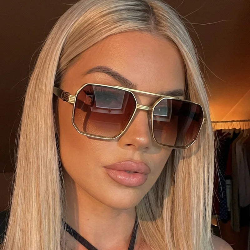 Car Sun Glasses 3pcs Retro Large Frame Square Sunglasses Classic Double Beam Metal Frame Glasses Fashion Men'S Gradient Eyewear