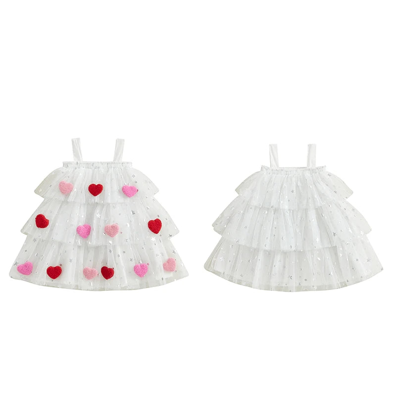 1-9Y Cute Kids Girl Tulle Mesh Lace Dress Bow Front Heart Sleeveless Layered Tulle Dress Plush Heart Ball Cake Dress Costume