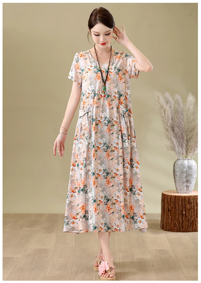 New Fashion Casual Summer Dresses For Women 2026 Loose Plus Size Clothes Elegant printting O-neck Short Sleeve Woman Clothing