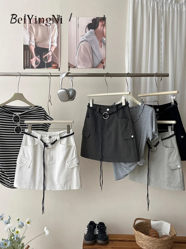 Beiyingni American Style Women's Short Denim Skirt Belt Vintage Fashion Summer High Waist A-line Skirts Female Streetwear Skirt