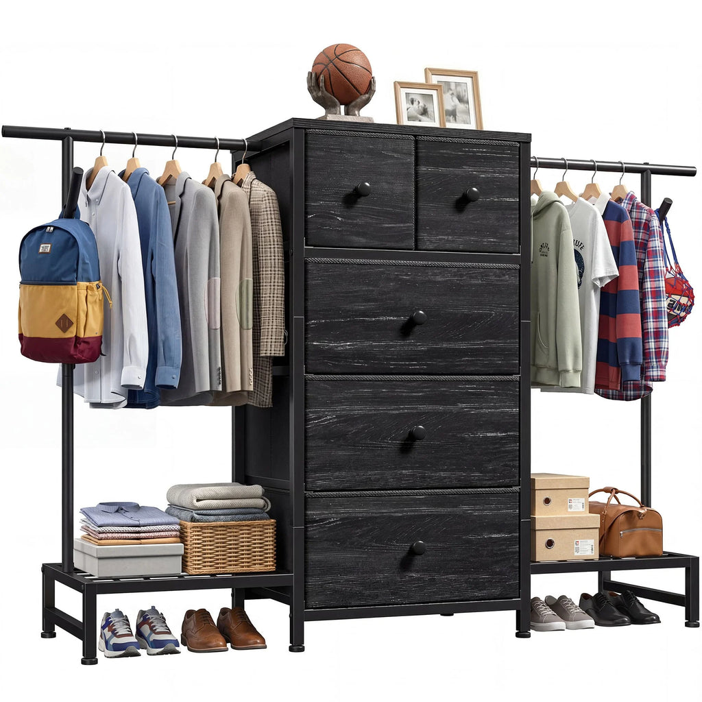3-in-1 Dresser & Hanging Rack – 57.8" Wide with 5 Drawers & Shoe Rack, Side Hooks for Bedroom Storage and Walk-in closet