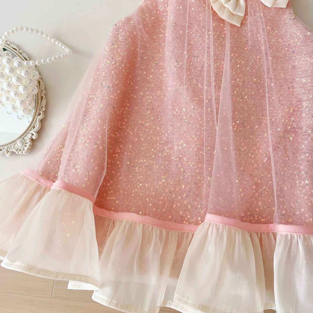 Girls Mesh Party Dress – Sleeveless Bow Detail Gown with Soft Cotton Lining, Special Occasion Outfit Toddler Girl Clothes