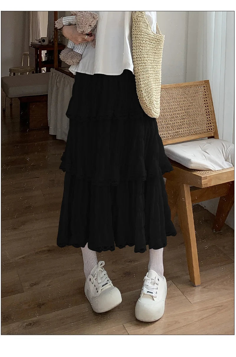 Sweet Lace Ruffles Long Skirt Women Summer Cute Puff Cake A Line Skirt Woman Korean Style High Waist White Chiffon Tulle Skirt