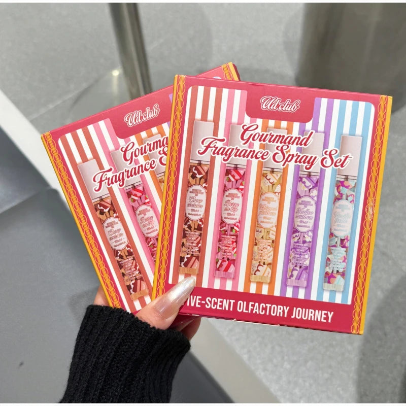 5pcs Gourmand Perfum Set Long Lasting Sweet Vanilla Cake Scent Mini Portable Fragrance Spray Set For Women