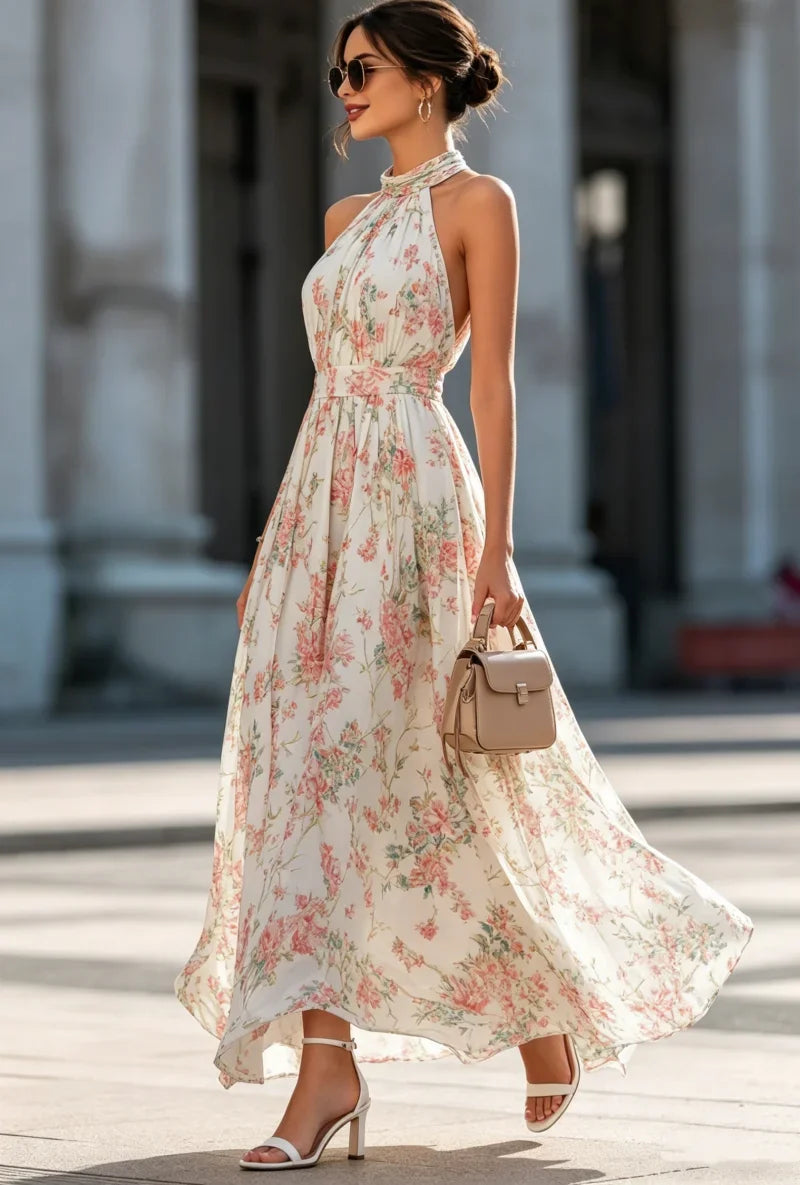for Beach Wedding and Party Women's Halter Neck Floral Print Pleated Chiffon Maxi Dress