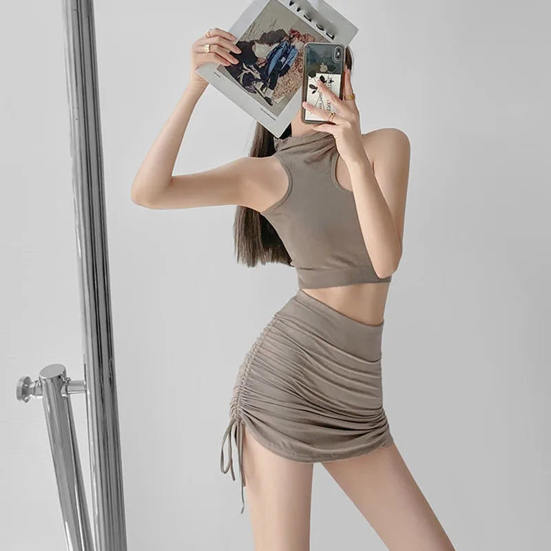 Xpqbb Women Summer Mini Skirts Drawstring Sexy High Waist Wrapped Hip Skirt Female Wild Solid Folds Slim Elastic Shorts Skirts