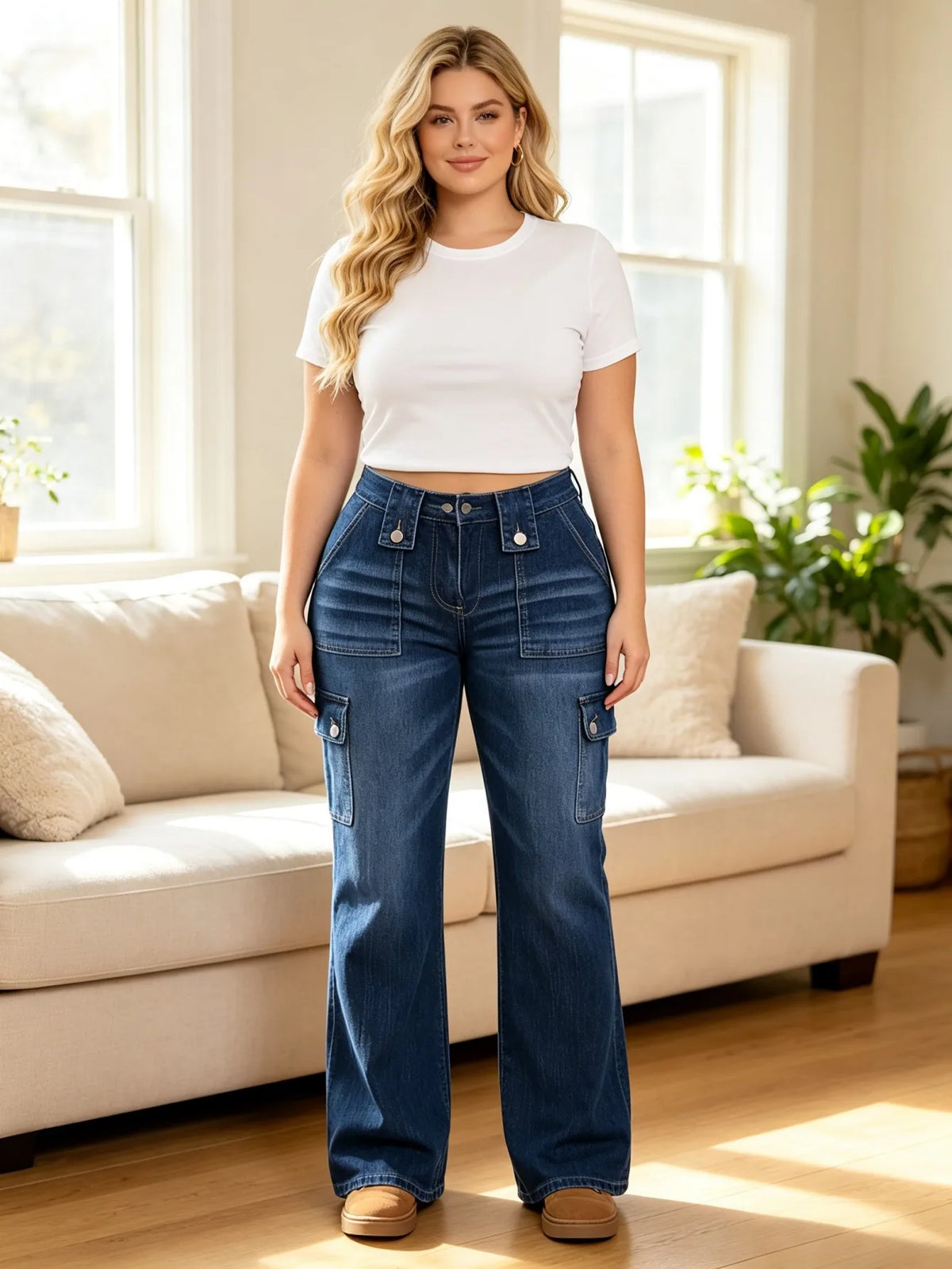 【HME】Jeans | Retro Y2K Flare Denim Pants For Women, Mid-Rise Cargo Denim Jeans With Large Front Patch Pockets, Decorative Belt Loops & Side Flap Pockets, Medium Wash Casual Pants For Street Fashion Looks