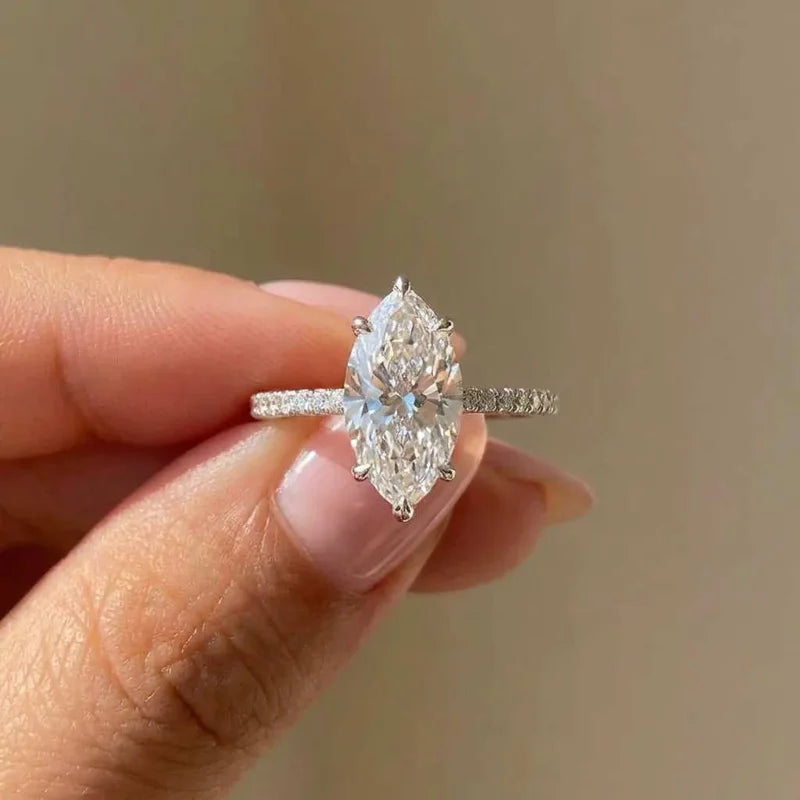 Sterling Silver Zircon Ring For Women Marquise Cut Elegant Engagement Jewelry Premium Quality