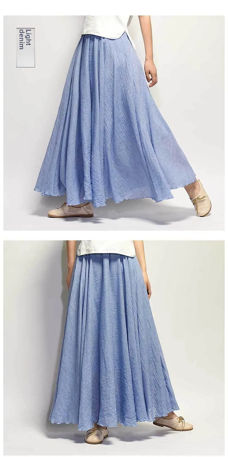 New In 2026 Spring Summer Woman Cotton Linen Midi Skirt Solid Color Loose Flared Pleated A-line Skirt Female Sweet Elegant Skirt