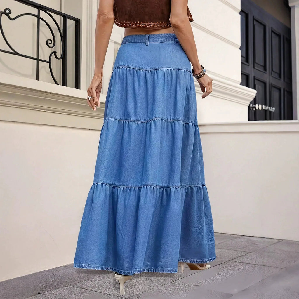 Maxi Skirts Boho Style Cotton Women's Skirt Femme High Waist Denim Skirts Mujer Vacation Bottoms A-line Layered Skirt Streetwear