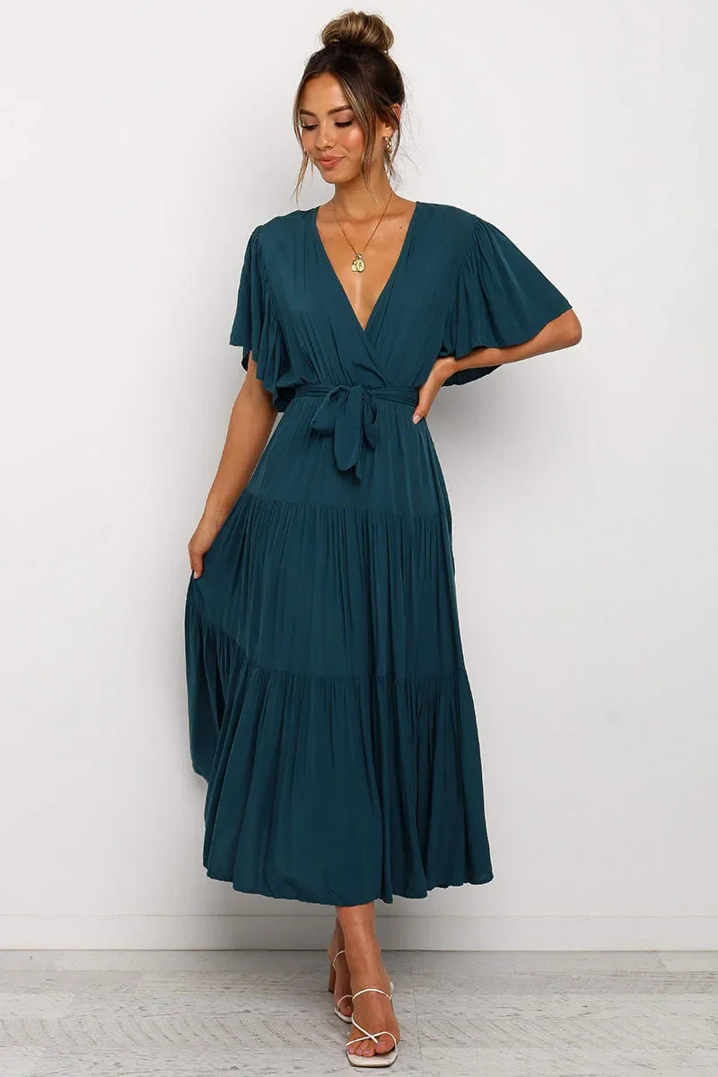 Summer Bohemian Long Dress Pure Color V-Neck Short Sleeve Empire Waist Design Floor Length with Belt Loose Fit Women's Dress