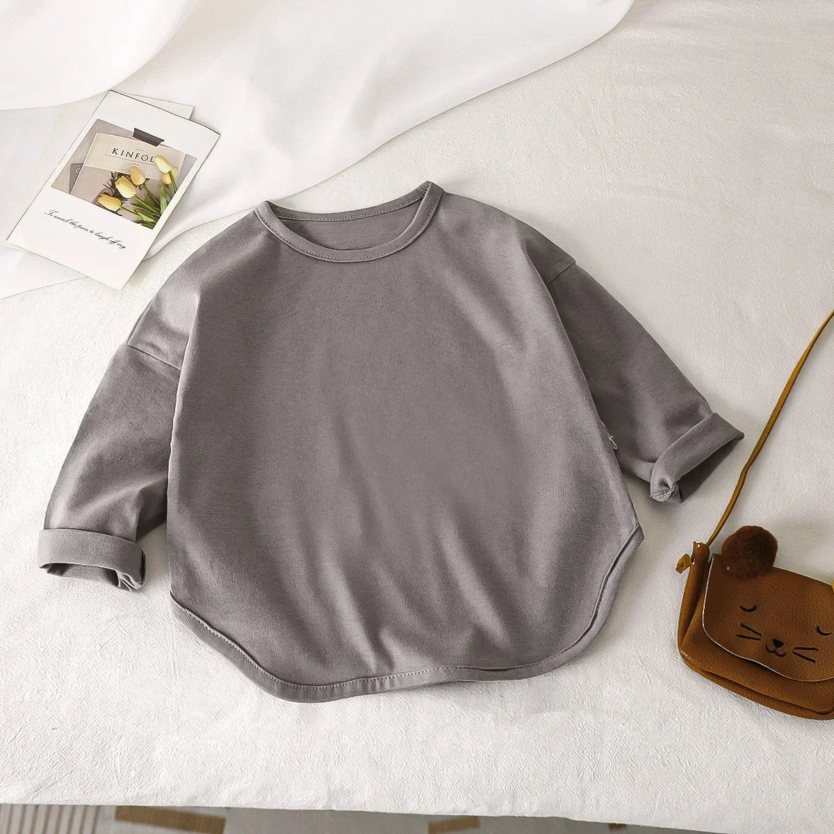 Bonkawoo Unisex Kids Long Sleeve Cotton T-Shirt - Basic Crew Neck