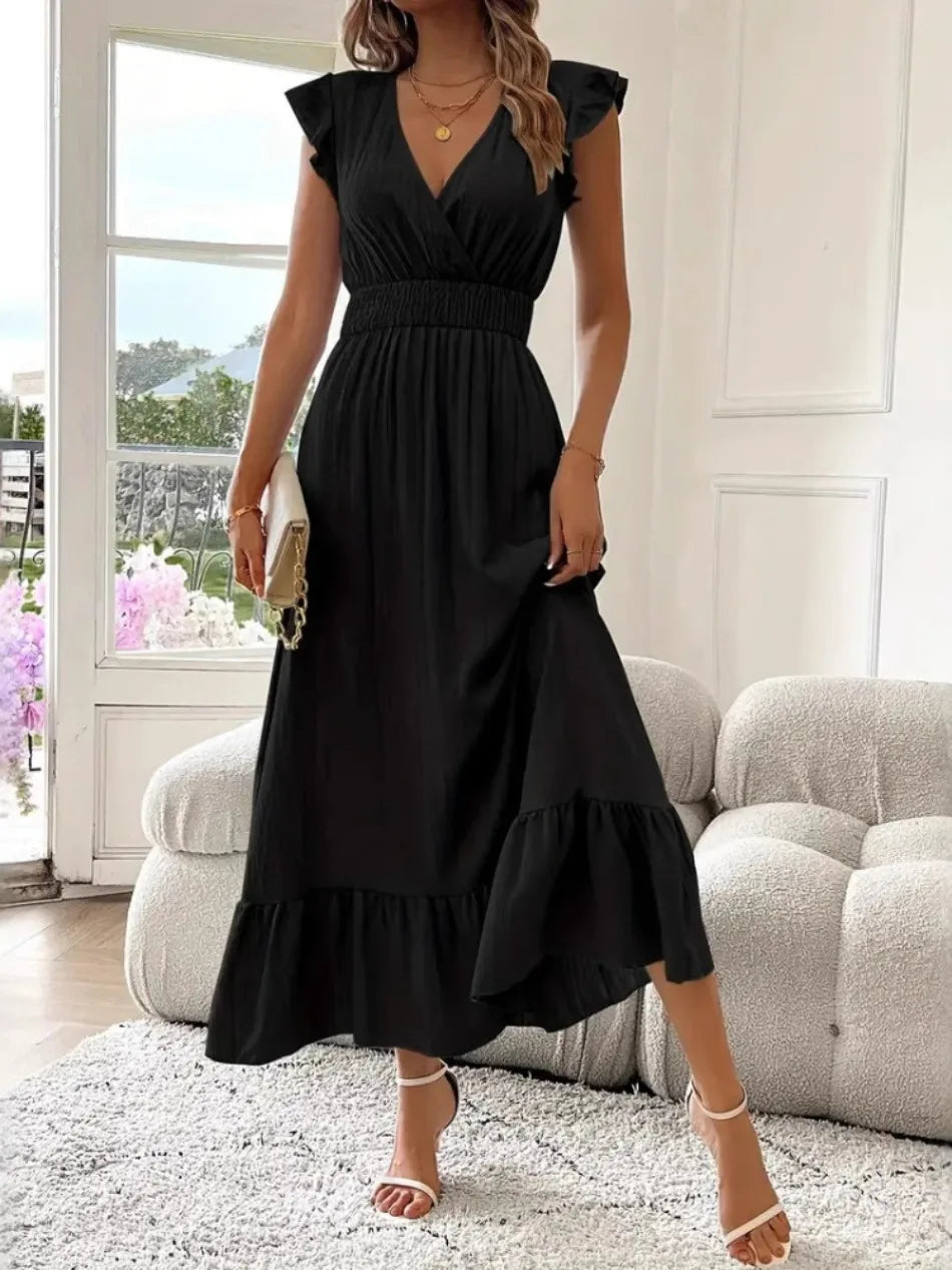 New in Summer Women 's Long Dresses V Neck Solid Color Elastic Waist Gown Office Lady Ruffles Wrinkle Design Casual A Line Dress