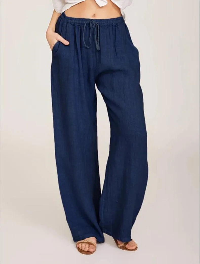 Wide Leg Linen-Blend Casual Pants | Loose Fit Women's Trousers