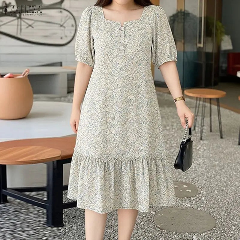 ZANZEA Women's Floral Printed Midi Dress Square Neck Half Puff Sleeve A-Line Dresses Summer Pullover Ruffled Hem Robes Femme