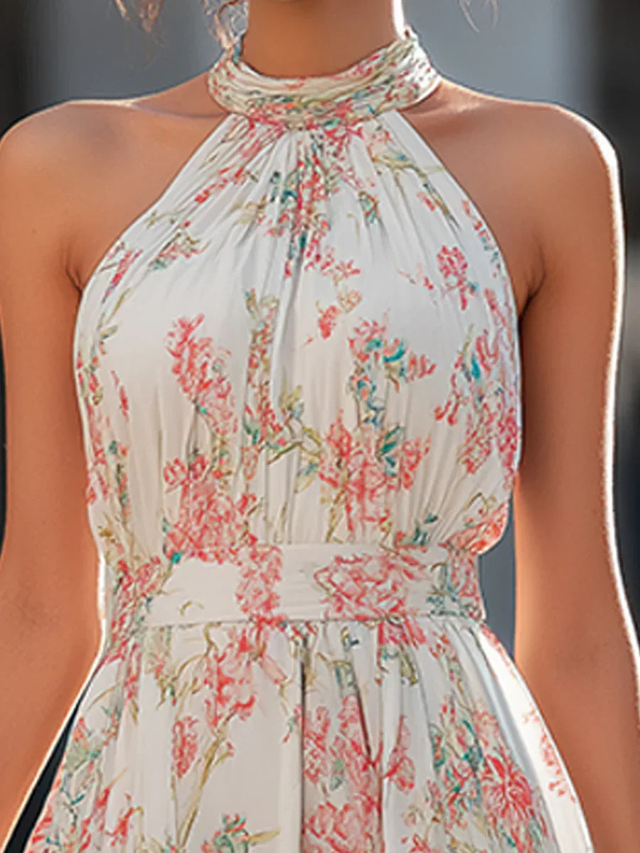 for Beach Wedding and Party Women's Halter Neck Floral Print Pleated Chiffon Maxi Dress