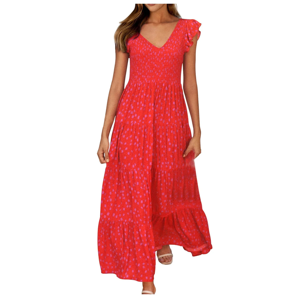 Women's Summer Flowy Maxi Dress Casual Cap Sleeve V Neck Smocked Beach Cotton Midi Dresses